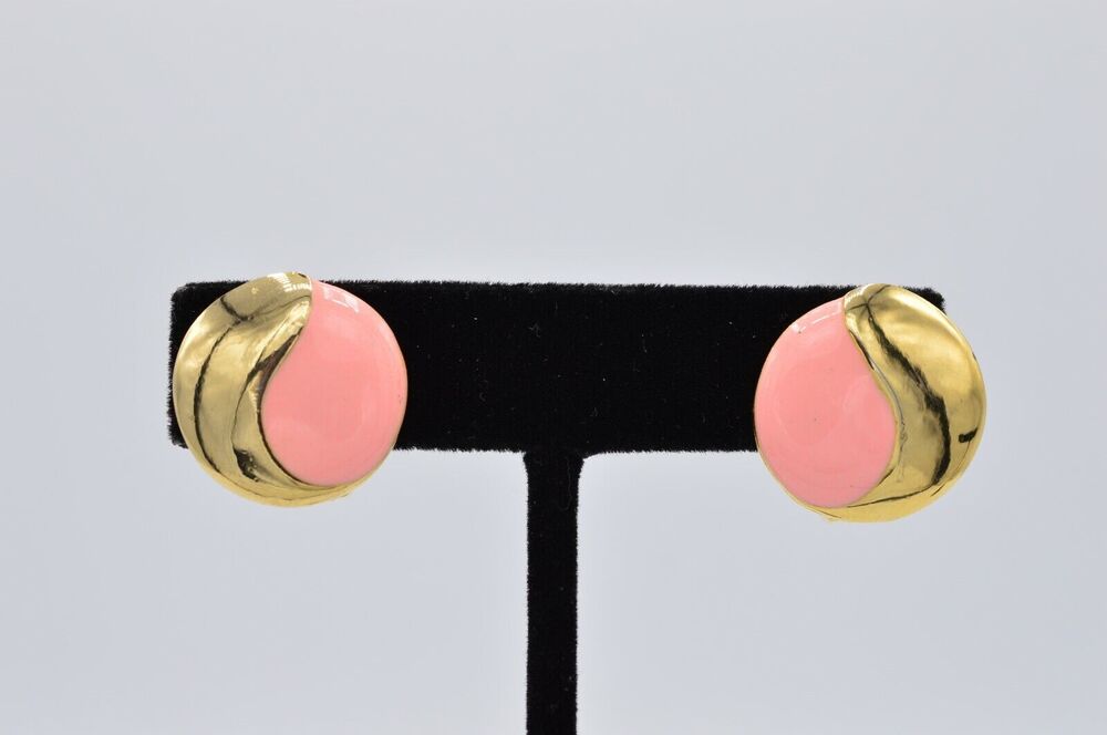Vintage Clip On Earrings Gold Tone Pink Enamel Round Chunky Huggie 1980s BinAB